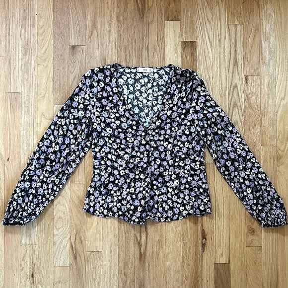 MANGO floral button up v-neck blouse size L - Picture 6 of 15